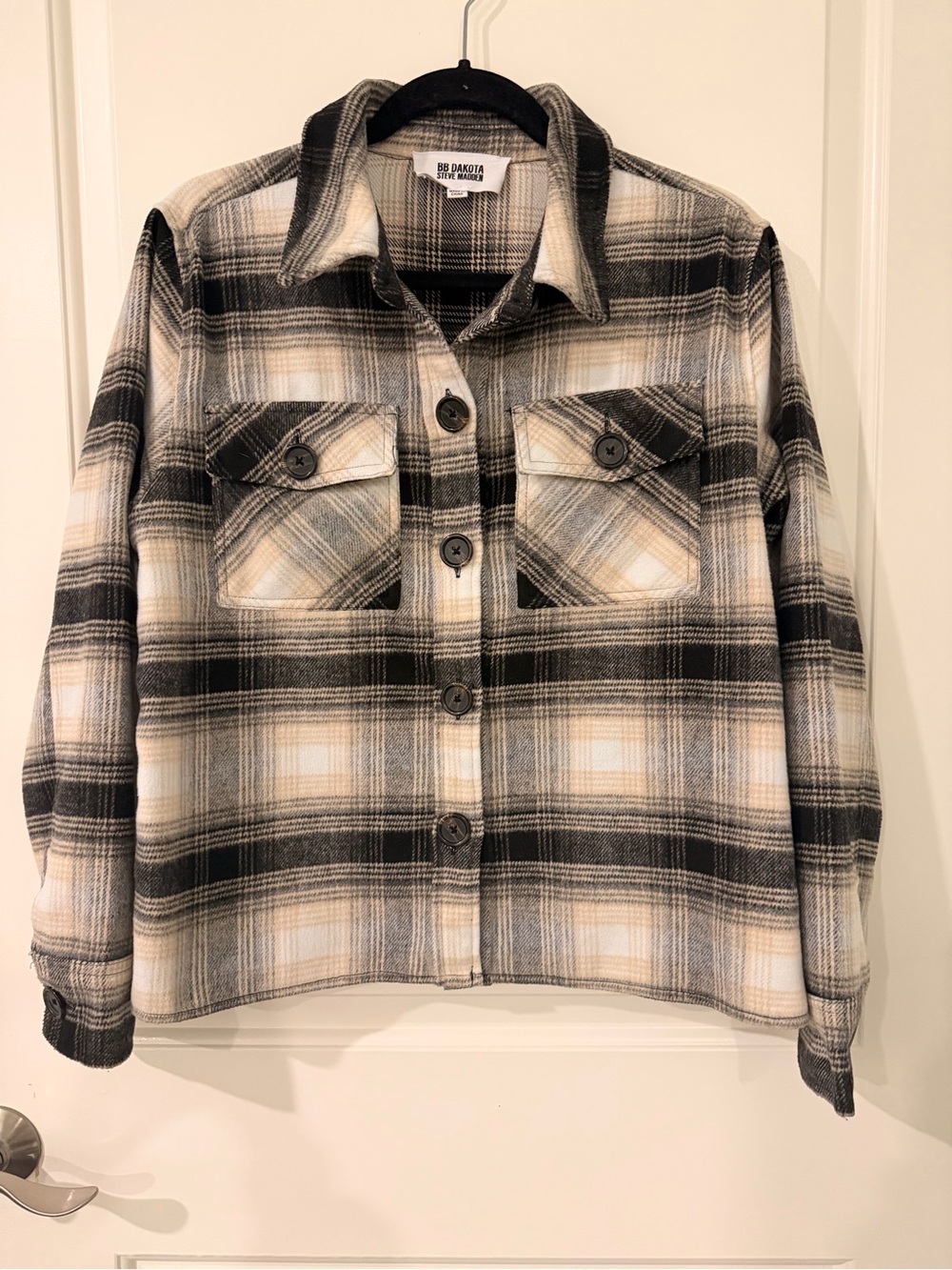 BB Dakota Steve Madden Plaid Fleece Shacket Jacket Black Cream Size Medium